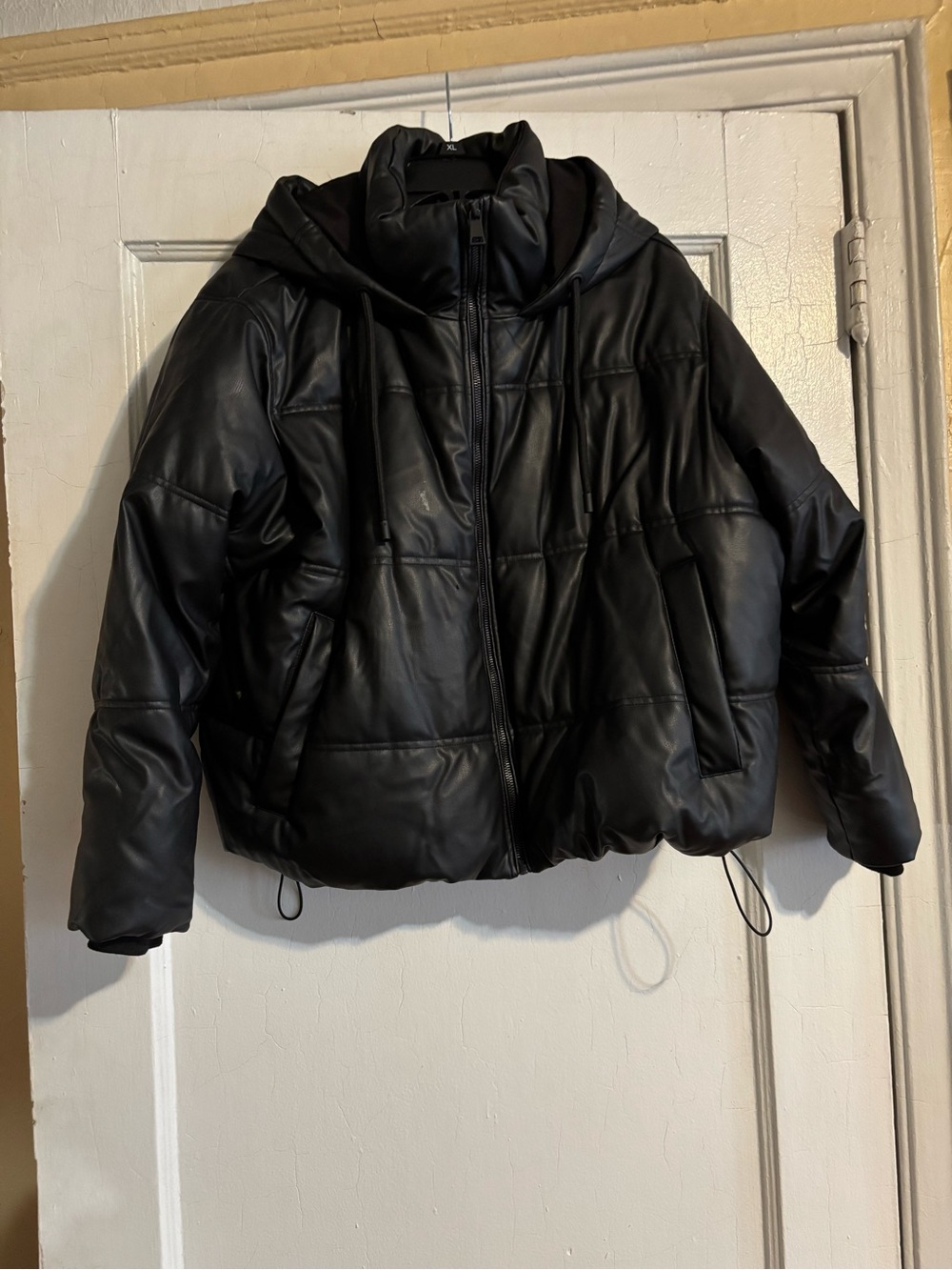 Zara Black Faux-Leather Hooded Puffer Jacket - Women